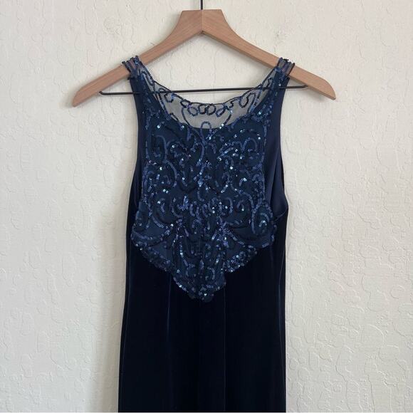 Vintage Night Way Collection Sleeveless Sheer Sequined Velvet Maxi Dress 6 Blue - Picture 2 of 7